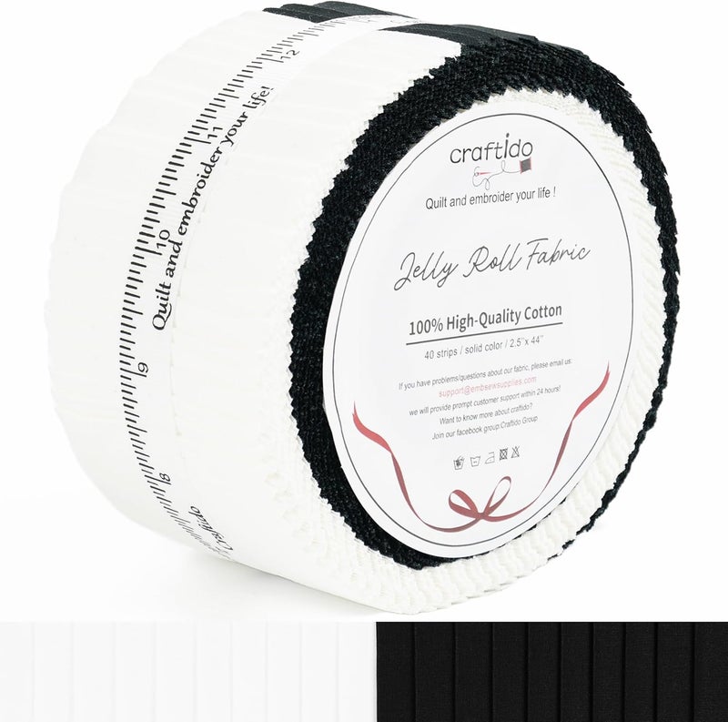 craftido -18 Options-100% Cotton Jelly Roll Fabric Precut Strips for Quilting, Crafting, and Sewing, 40 Strips 2.5" x 44" Assorted Bundles for Rugs, Quilts, DIY Crafts and Home Decor-20 White+20 Black - Image 1